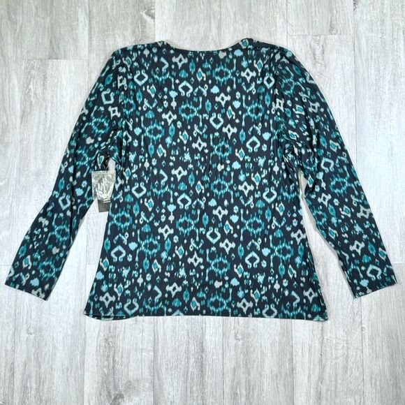 INC Women's NWT Petite Blue Geometric Print Ruched V Neck Long Sleeve Top L - Picture 7 of 7